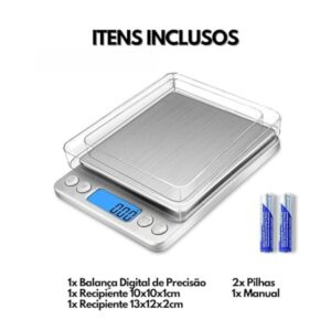 Balança Digital de Precisão para Cozinha, 0,1g a 2kg, Com Visor Iluminado, 6 Unidades de M...