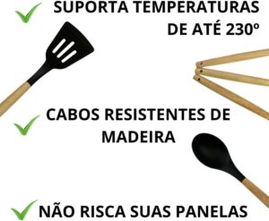 Kit 12 Utensílios De Cozinha Em Silicone E Cabo De Madeira Jogo De Utensílios Resistente a...