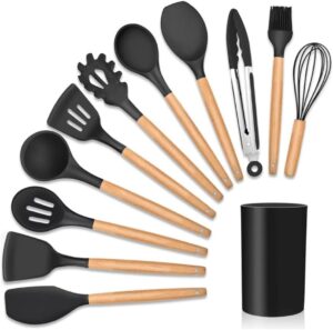 Kit 12 Utensílios De Cozinha Em Silicone E Cabo De Madeira Jogo De Utensílios Resistente a...