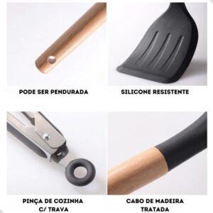 Kit 12 Utensílios De Cozinha Em Silicone E Cabo De Madeira Jogo De Utensílios Resistente a...