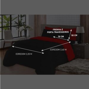 Kit Edredom Jogo de Cama 5 Peças Casal Queen Dupla Face Toque Macio Preto e Vermelho