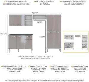 Cozinha Compacta com Armário e Balcão Xangai Multimóveis Vm2840 Branca/lacca Fumê