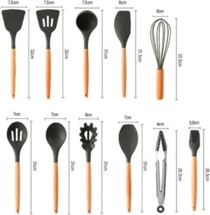 Kit 12 Utensílios De Cozinha Em Silicone E Cabo De Madeira Jogo De Utensílios Resistente a...