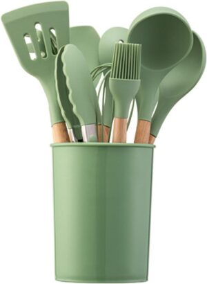 Conjunto de Utensílios de Cozinha, 12 Peças, Silicone e Madeira, Design Ergonômico, Antide...