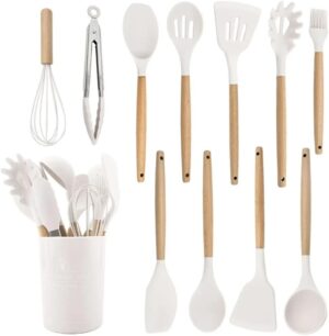 Kit Utensílios de Cozinha em Silicone e Madeira Antiaderente BPA FREE Kit 12 Peças com Sup...