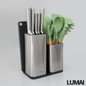 Conjunto Bloco Organizador de Utensílios e Facas em Aço Inox com Porta-Facas, Balde para G...