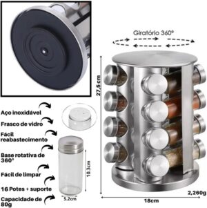 Porta Tempero Condimento Inox Vidro Giratorio Cozinha 16 Pts