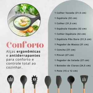 Conjunto de Utensílios de Cozinha, 12 Peças, Silicone e Madeira, Design Ergonômico, Antide...