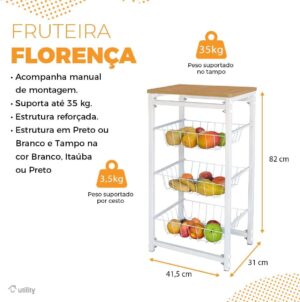 Fruteira De Chao Cozinha Tampo Madeira Florenca de Ferro Cor:Branco/Itauba