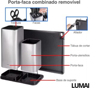 Conjunto Bloco Organizador de Utensílios e Facas em Aço Inox com Porta-Facas, Balde para G...