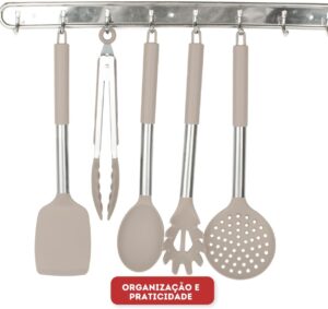 Kit 15 Utensílios De Cozinha Com Cabo De Inox e Silicone Premium (Creme)