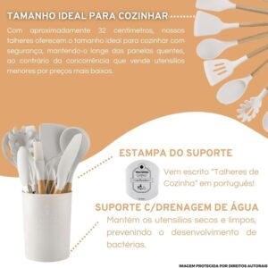 Kit Utensílios de Cozinha em Silicone e Madeira Antiaderente BPA FREE Kit 12 Peças com Sup...