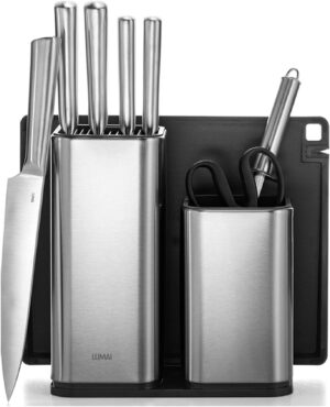 Conjunto Bloco Organizador de Utensílios e Facas em Aço Inox com Porta-Facas, Balde para G...