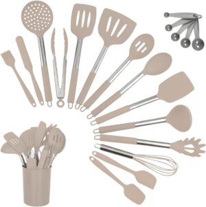 Kit 15 Utensílios De Cozinha Com Cabo De Inox e Silicone Premium (Creme)