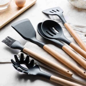 Kit 12 Utensílios De Cozinha Em Silicone E Cabo De Madeira Jogo De Utensílios Resistente a...