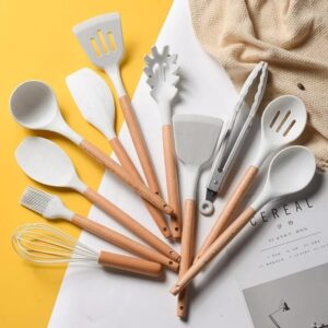 Kit Utensílios de Cozinha em Silicone e Madeira Antiaderente BPA FREE Kit 12 Peças com Sup...