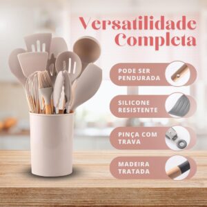 Conjunto de Utensílios de Cozinha, 12 Peças, Silicone e Madeira, Design Ergonômico, Antide...