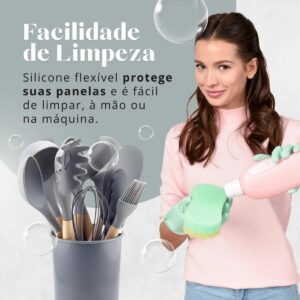 Conjunto de Utensílios de Cozinha, 12 Peças, Silicone e Madeira, Design Ergonômico, Antide...