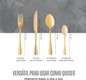 LYOR Faqueiro de Aço Inox Positano Dourado 24 Peças - Jogos de Talheres - Mesa Posta - Ute...