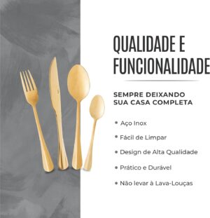 LYOR Faqueiro de Aço Inox Positano Dourado 24 Peças - Jogos de Talheres - Mesa Posta - Ute...